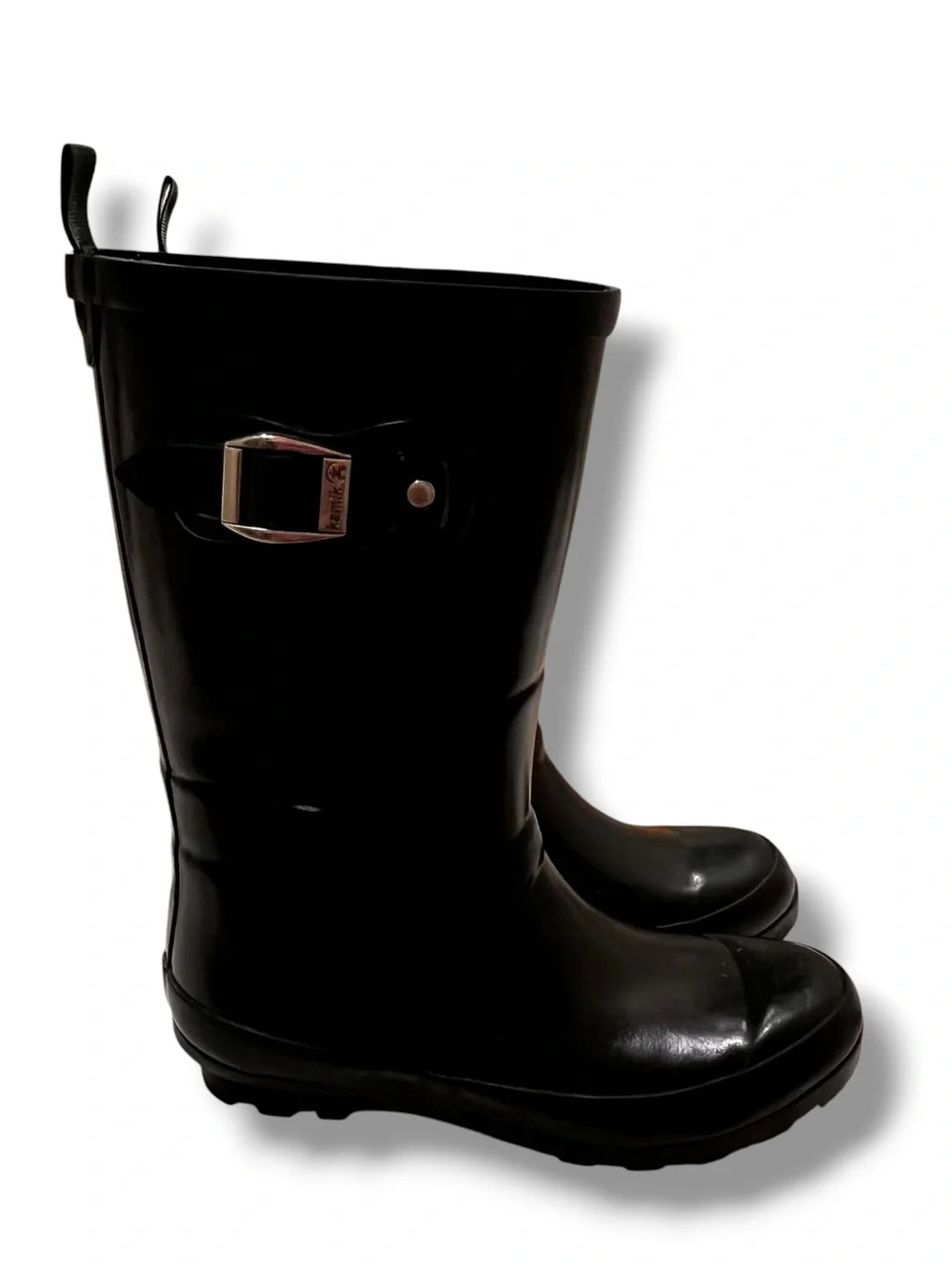 Kamik Black Shiny Rubber Rain Snow Muck Pull-On Boots Youth Girls Sz 3 EUC D-8